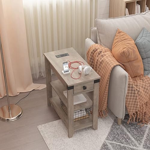 Miniatura 3 de Mesa auxiliar estrecha con estación de carga estilo granja con puertos USB y enchufes para espacios pequeños, mesa lateral delgada para sofá con