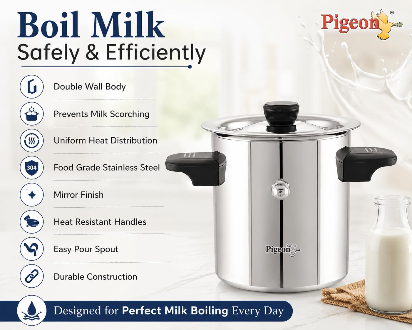 Pigeon-Elegant Stainless Steel Milk Cooker/Boiler/Pot with Handle,Lid,Knob,Whistle | Capacity:2Ltr | Gas and Induction Compatible with Whistle Indication.