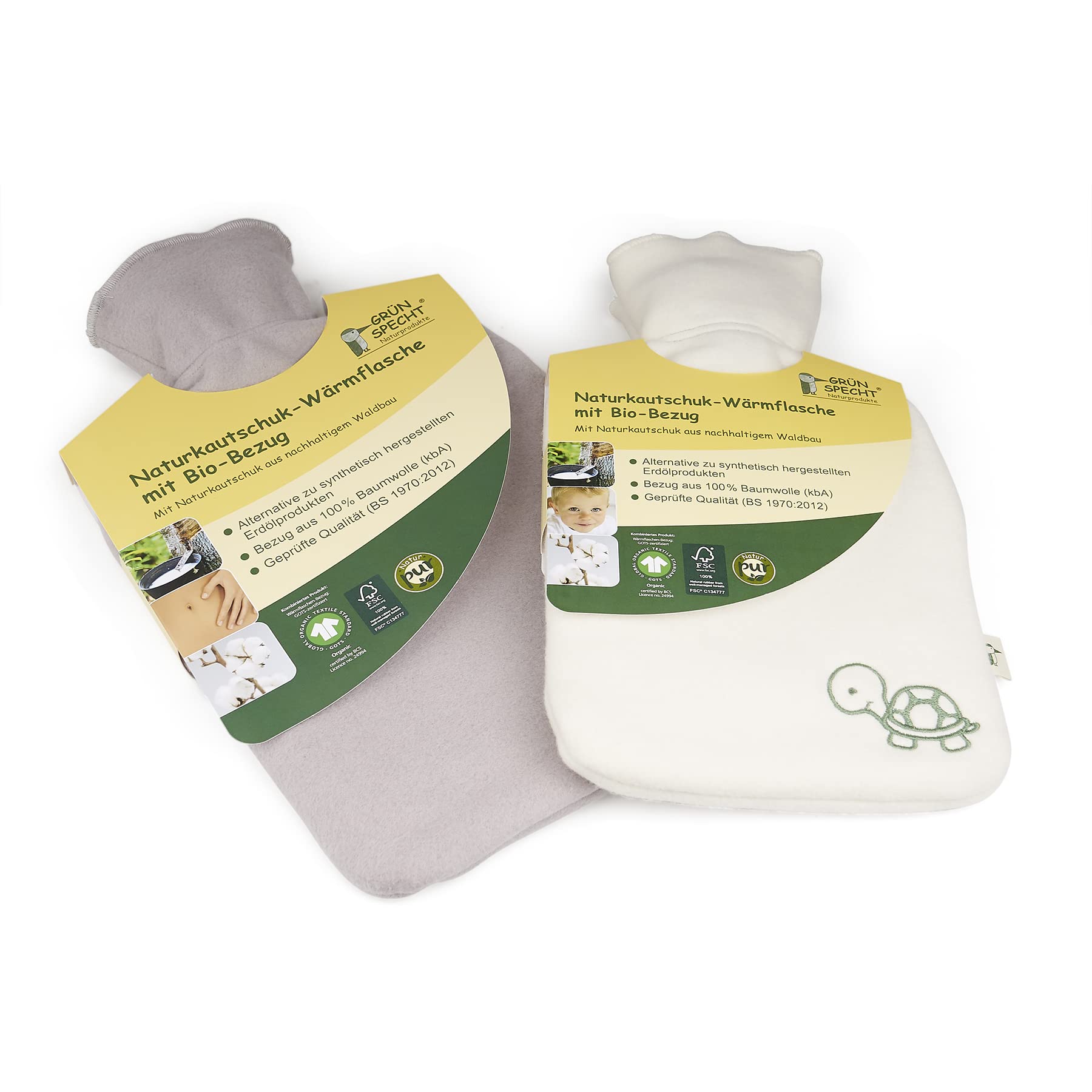GRÜNSPECHT Botella de agua caliente de caucho natural con funda ecológica blanca 100% algodón GOTS, pequeña, para niños y adultos (644-00)