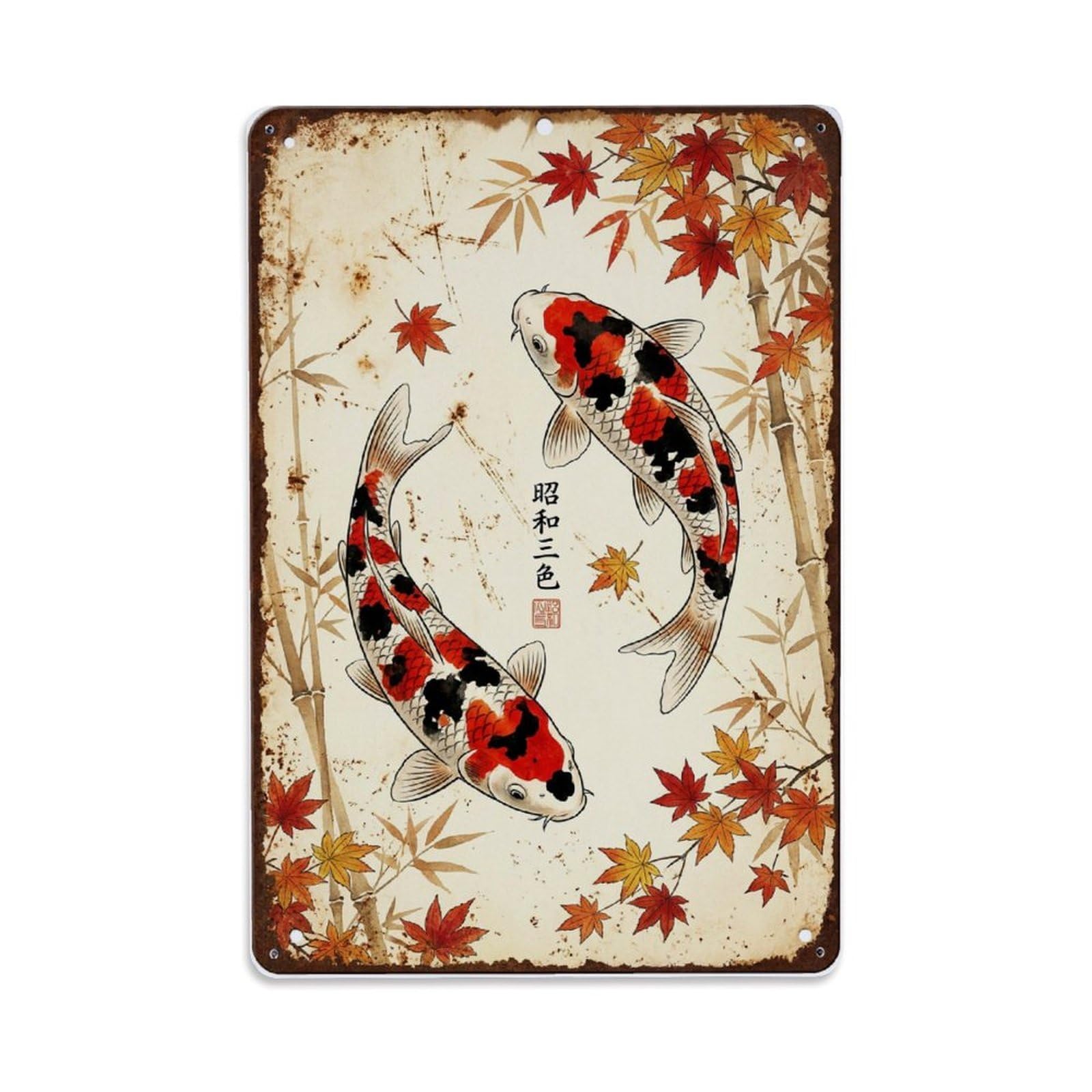 Oriental Garden Koi Metal Tin Sign Plaque Wall Decor for Cafe, Club Bar, Office, Home Garden Metal Poster 8x12Inch