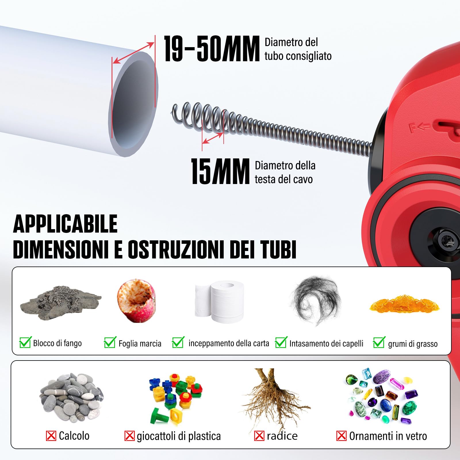 POPULO Scarico elettrico senza fili del serpente 20V, coclea di scarico 25Ft