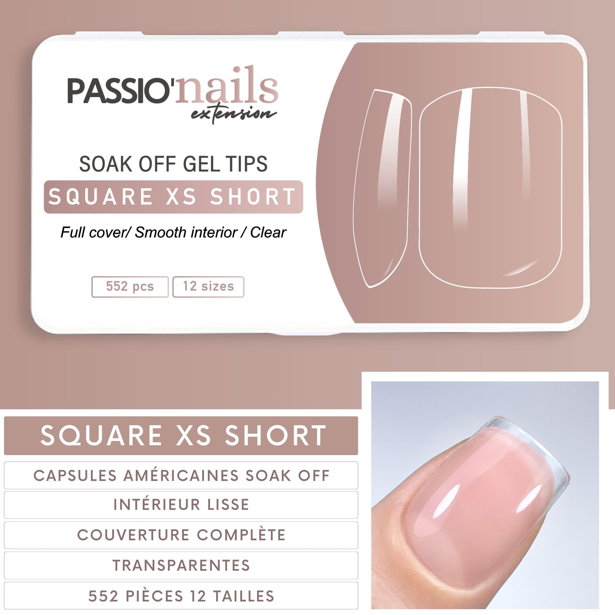 Passio'nails 552 Pieces 12 Sizes for Nail Prosthesist Beginner, Nail Art at Home, Manicure Salons, Women, XS Square Extra Short - Image 2