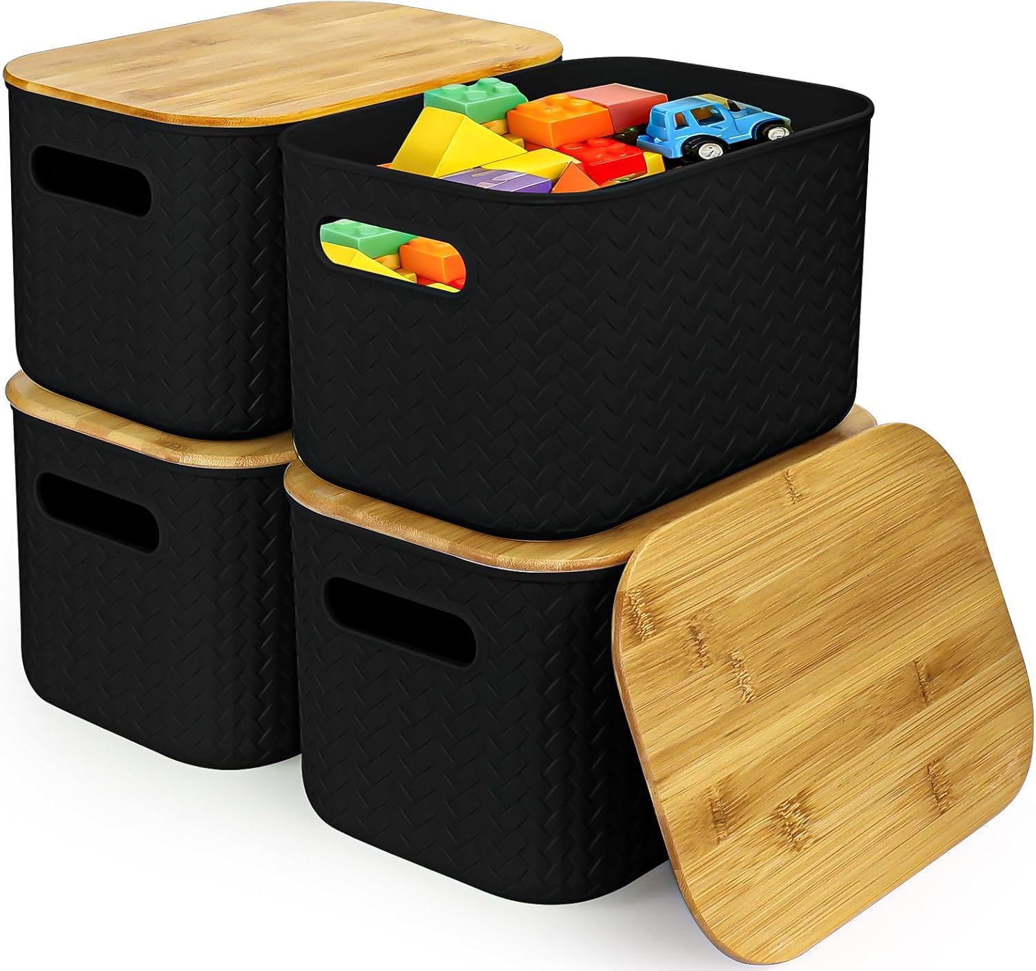 4 Pack Plastic Storage Baskets with Bamboo Lids, Black Organizing Bins
