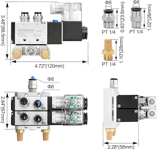Miniatura 25 de Baomain 4V210-08 Electroválvula eléctrica, 24V DC 2-Posición 5-Way 1/4" Puerto PT, operado por piloto, cuerpo de aluminio con caja de conexiones
