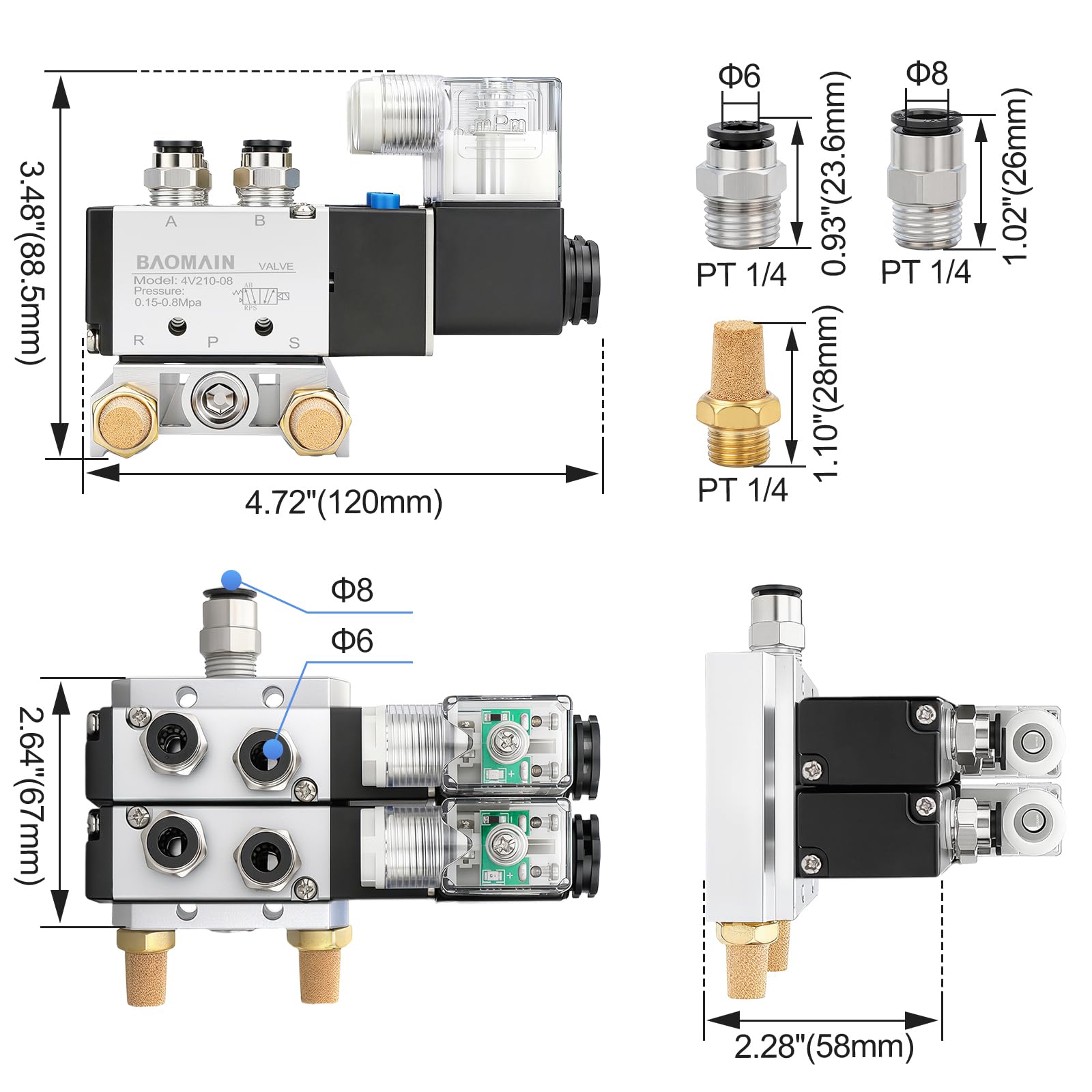 Baomain Magnetventil 4V210-08 – 12V DC, 5/2 Wege, PT1/4, Mit Basis & Schalldämpfer