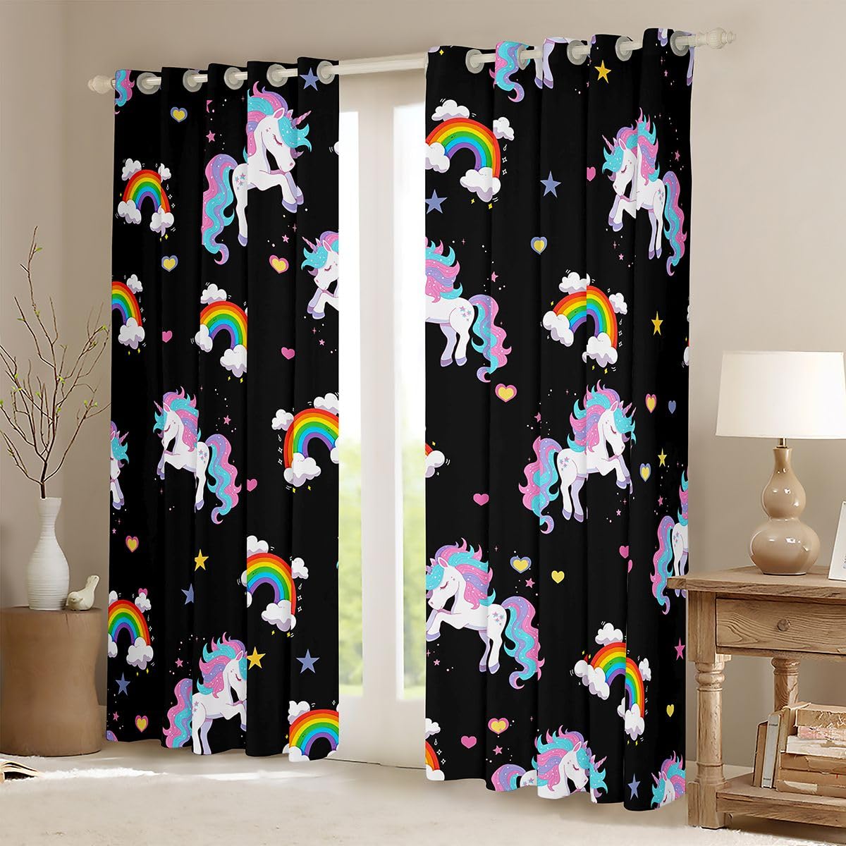 Homewish Jednorożce zasłony okienne, 117 x 137 cm, 2 zestawy paneli – galaktyka gwiazdy, fantazyjne zasłony zaciemniające wzór w gwiazdki, chmura, zasłony okienne, kawaii, dzika przyroda, zwierzę do