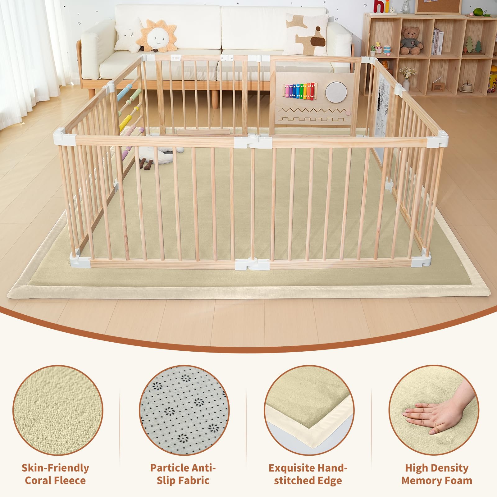 SUNYRISY Baby Play Mat for Floor 60 x 60in, 1.4in Thick Memory Foam Padded Play Mats Baby Rug, Soft Velvet Infants Toddler Kids Crawling Mat for Nursery, Non-Slip Bottom, Beige - 3