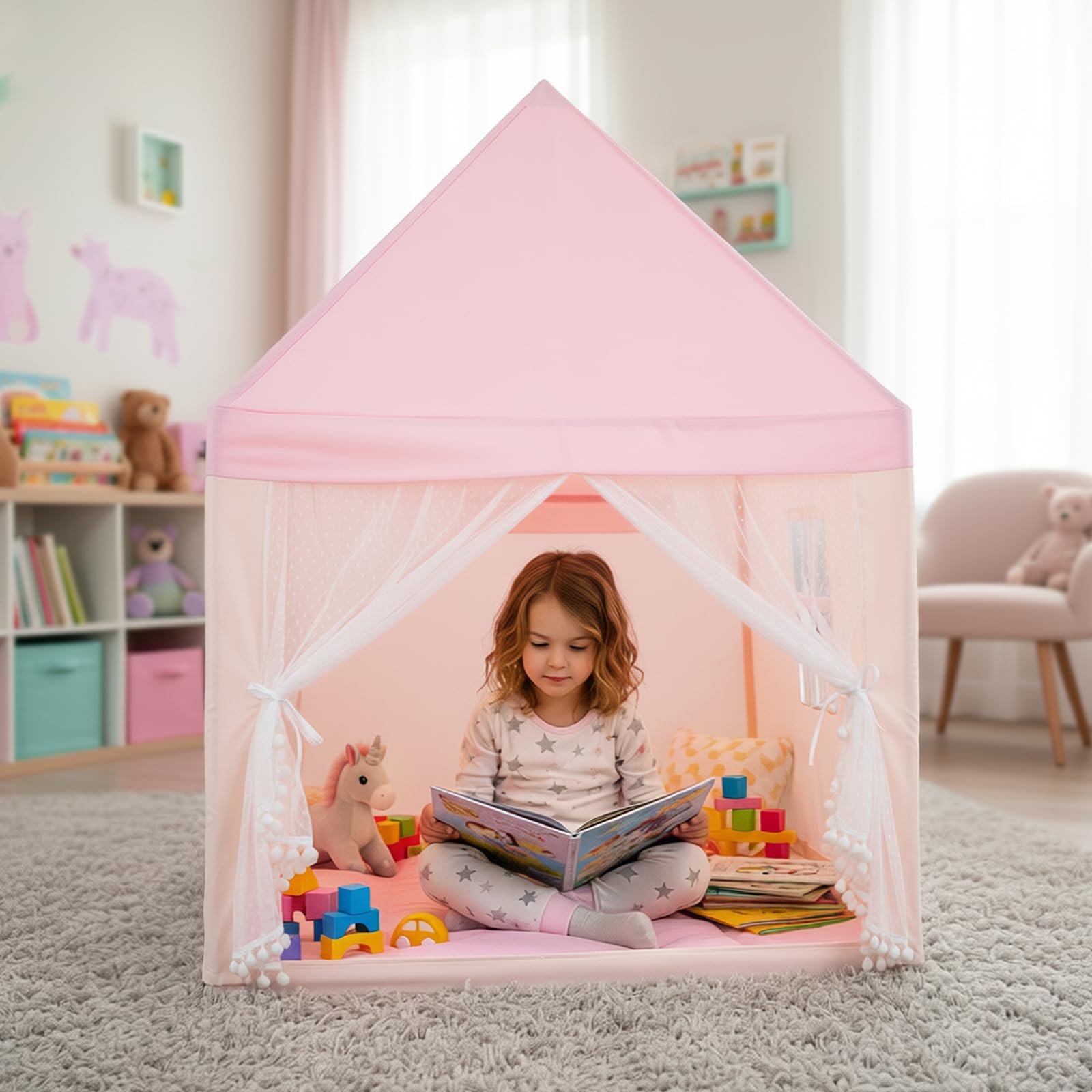 HOMASIS Kinderzelt für Indoor, Kinderspielhaus mit Matte & Fenstern & Holzrahmen & Vorhang, Kinder Spielzelt Prinzessin für Mädchen & Jungen, Bettzelt Tipi Zelt 105x120x140 cm (Modell 1-Pink)