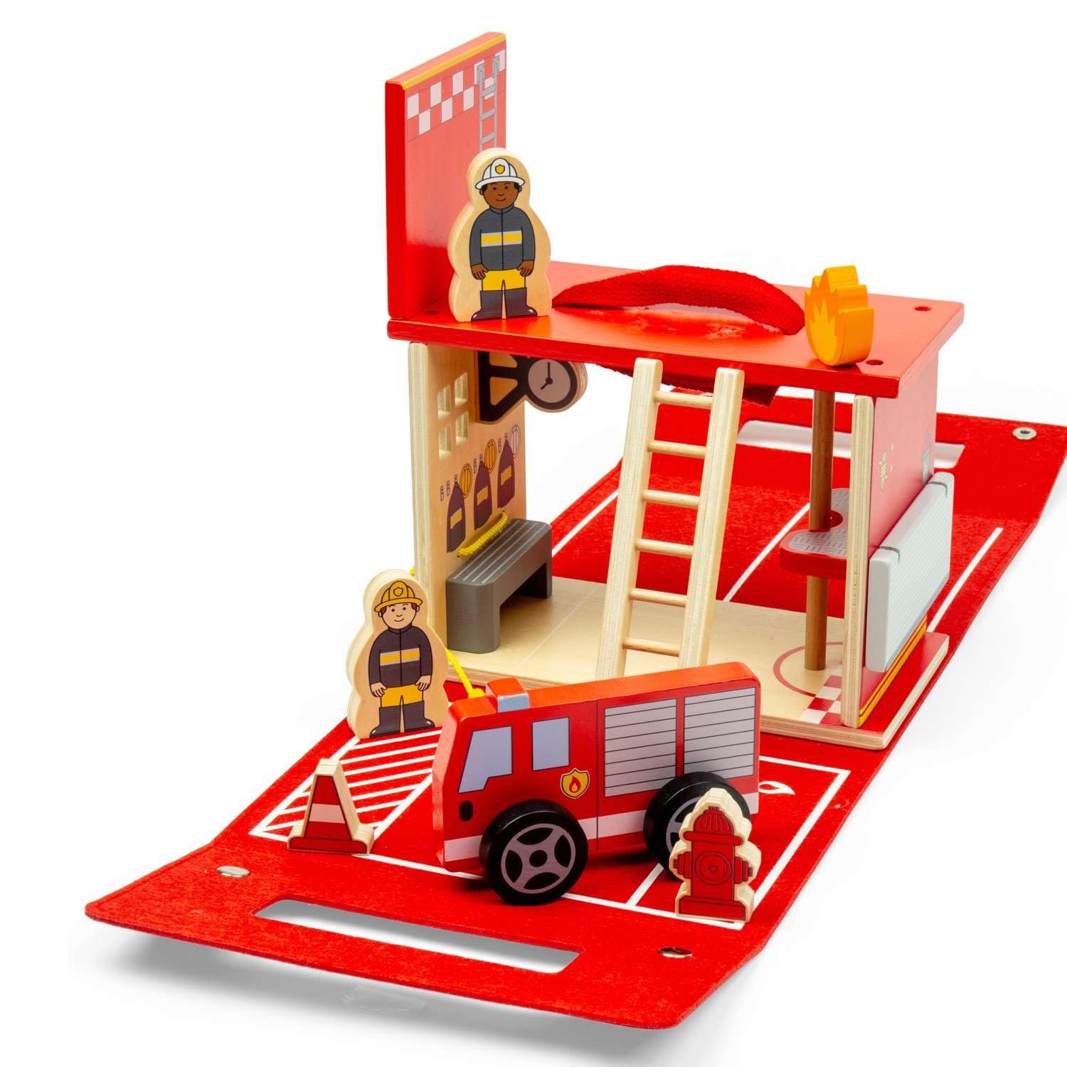 Bigjigs Toys Remiza strażacka w podróży, drewniany zestaw podróżny dla dzieci, filcowa torba do przenoszenia, zestaw do zabawy z drewnianym silnikiem, figurkami strażaków i akcesoriami, prezenty dla