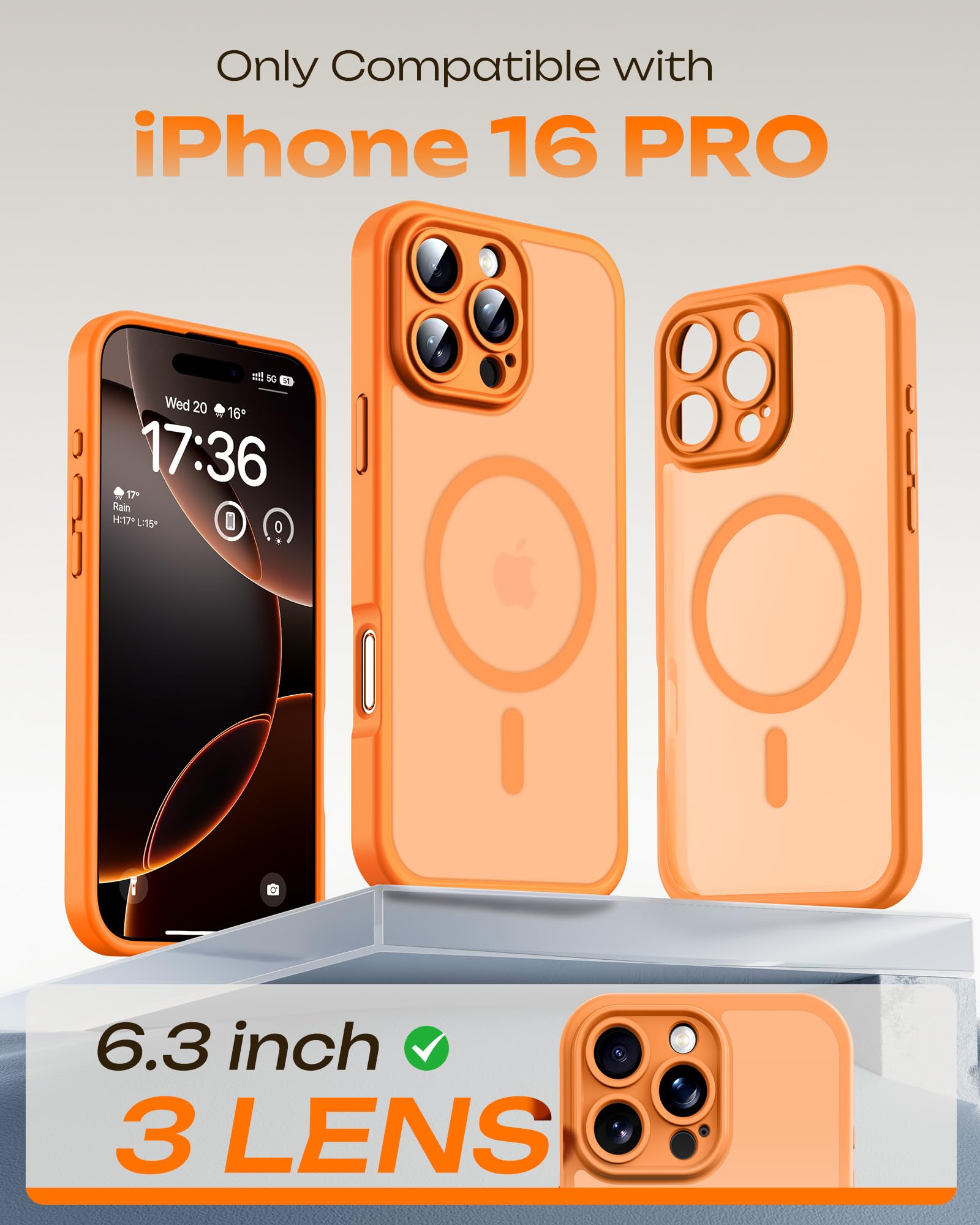 TOCOL Cover Magnetica per iPhone 16 Pro 6,3 Pollic, Compatibile con MagSafe, Protezione Fotocamera Integrata, Custodia Antiurto Traslucida Opaca, Arancione