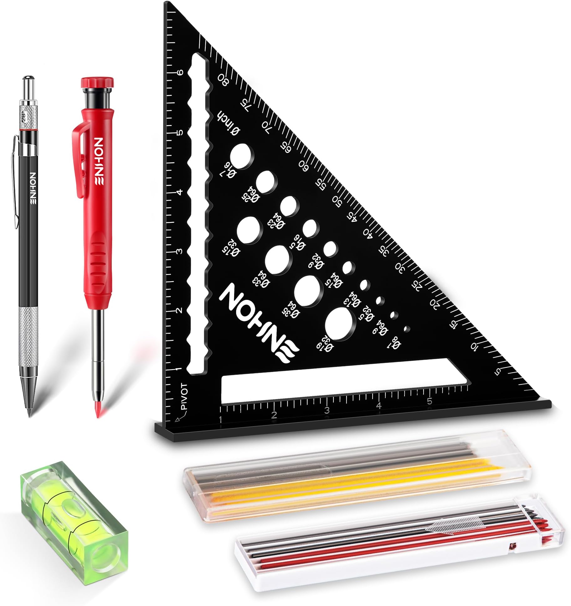 Carpenter Square 7 Inch, 6-in-1 Aluminum Triangle Ruler Carpentry Squares Tool Set, Mechanical Carpenter Pencils with Sharpener, Deep Hole Marker Construction Woodworking Pencils, 18 Refills and Level