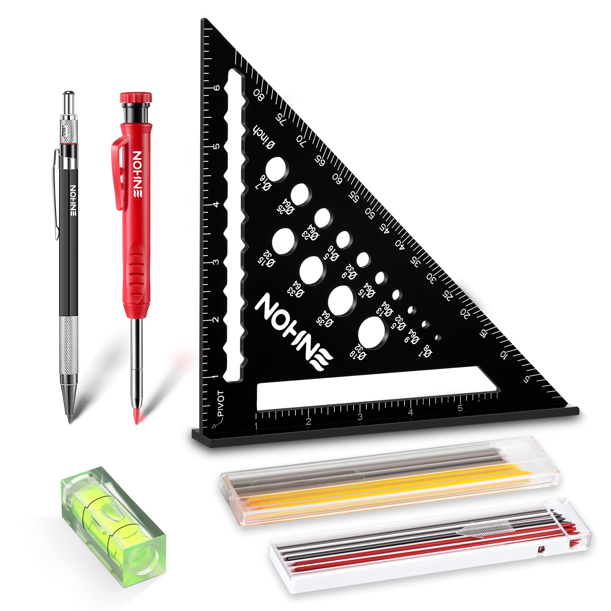 Carpenter Square 7 Inch, 6-in-1 Aluminum Triangle Ruler Carpentry Squares Tool Set, Mechanical Carpenter Pencils with Sharpener, Deep Hole Marker Construction Woodworking Pencils, 18 Refills and Level