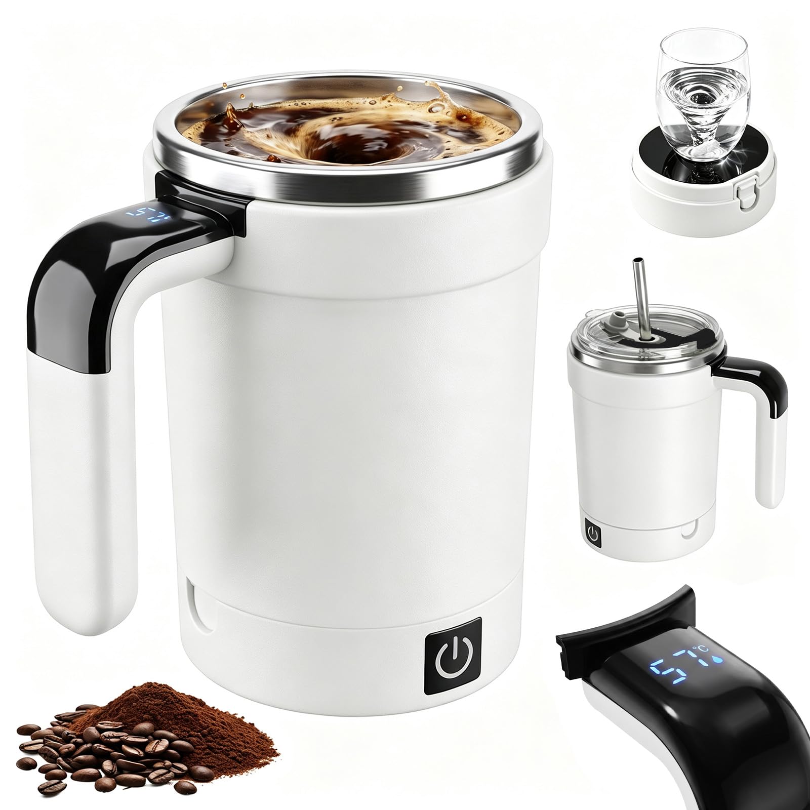 Weiyonse Self Stirring Mug - 380ML Self-Stirring Coffee Mug with Lid Automatic Mixing Cup with LCD Temperature Display Stainless Steel Self Stirring Coffee Cup for Milk Cocoa Office Home (White)