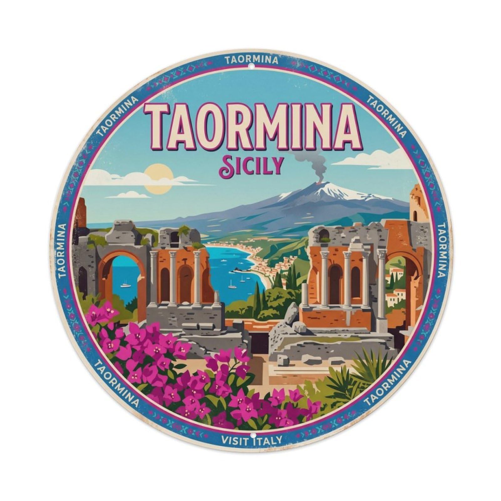 Vintage Travel Taormina Sicily Theater Metal Tin Sign Plaque Wall Decor for Cafe, Club Bar, Office, Home Garden Round Metal Poster 8x8Inch