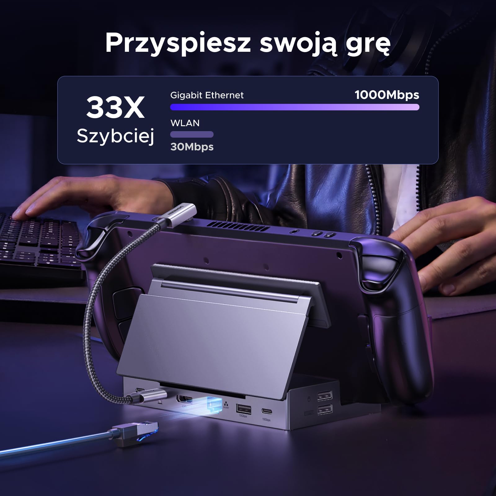 UGREEN Steam Deck Dock z 4K@120Hz DP, portami danych USB 10Gbps, Gigabit Ethernet, czytnikiem kart SD/TF, stacją dokującą PD 100W USB C kompatybilną ze Steam Deck, ROG Ally, Legion Go, iPad Pro