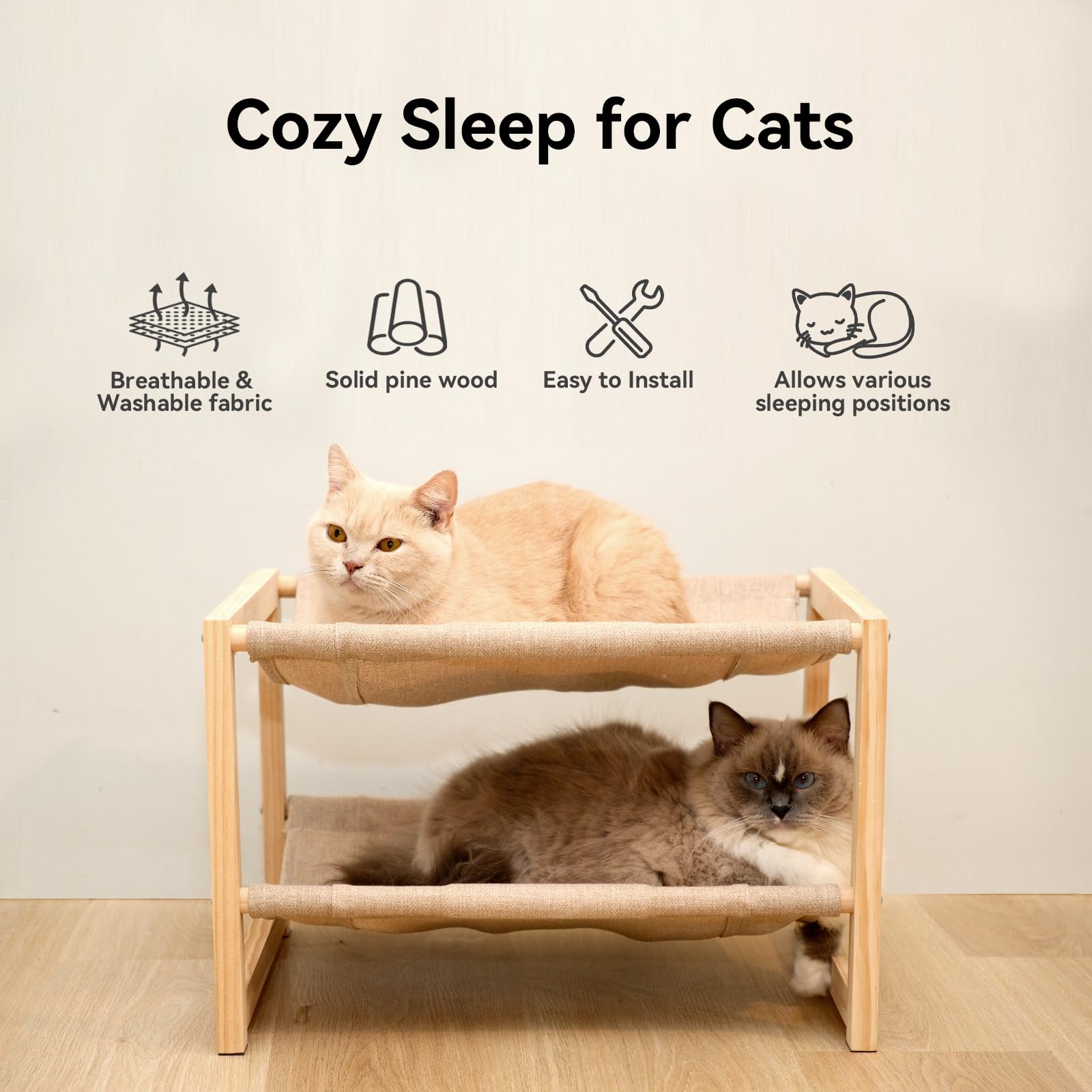 zizouoe 2 Tier Cat Hammock Bed, Elevated Wooden Pet Bunk Beds for Indoor Cats, Double Wooden Cat Bed, Solid Wood Raised Hanging Bed for 1 or 2 Cats Breathable Washable Covers