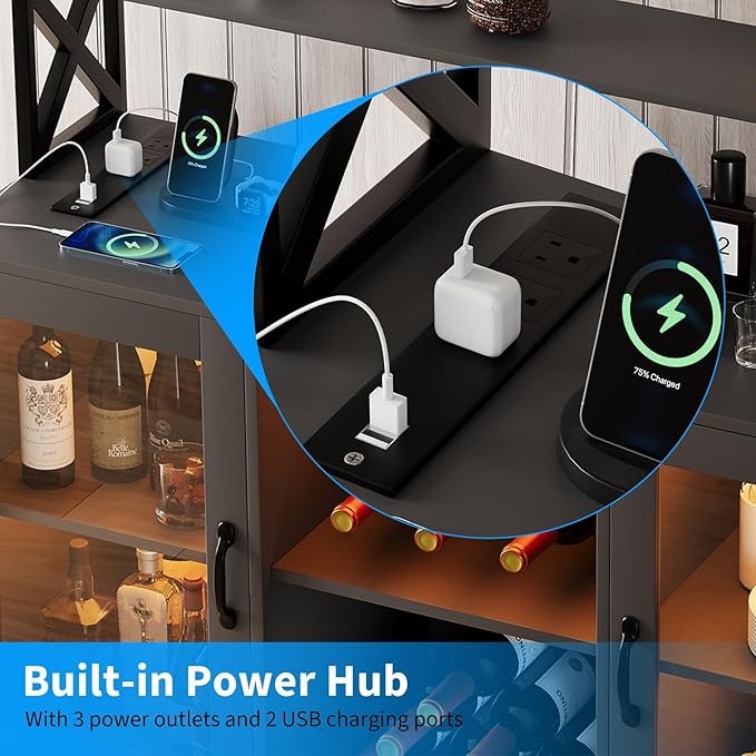 Mueble Bar para Vino Blanco con Luz LED, Gabinete Café con Estante y Soporte para Copas miniatura 6