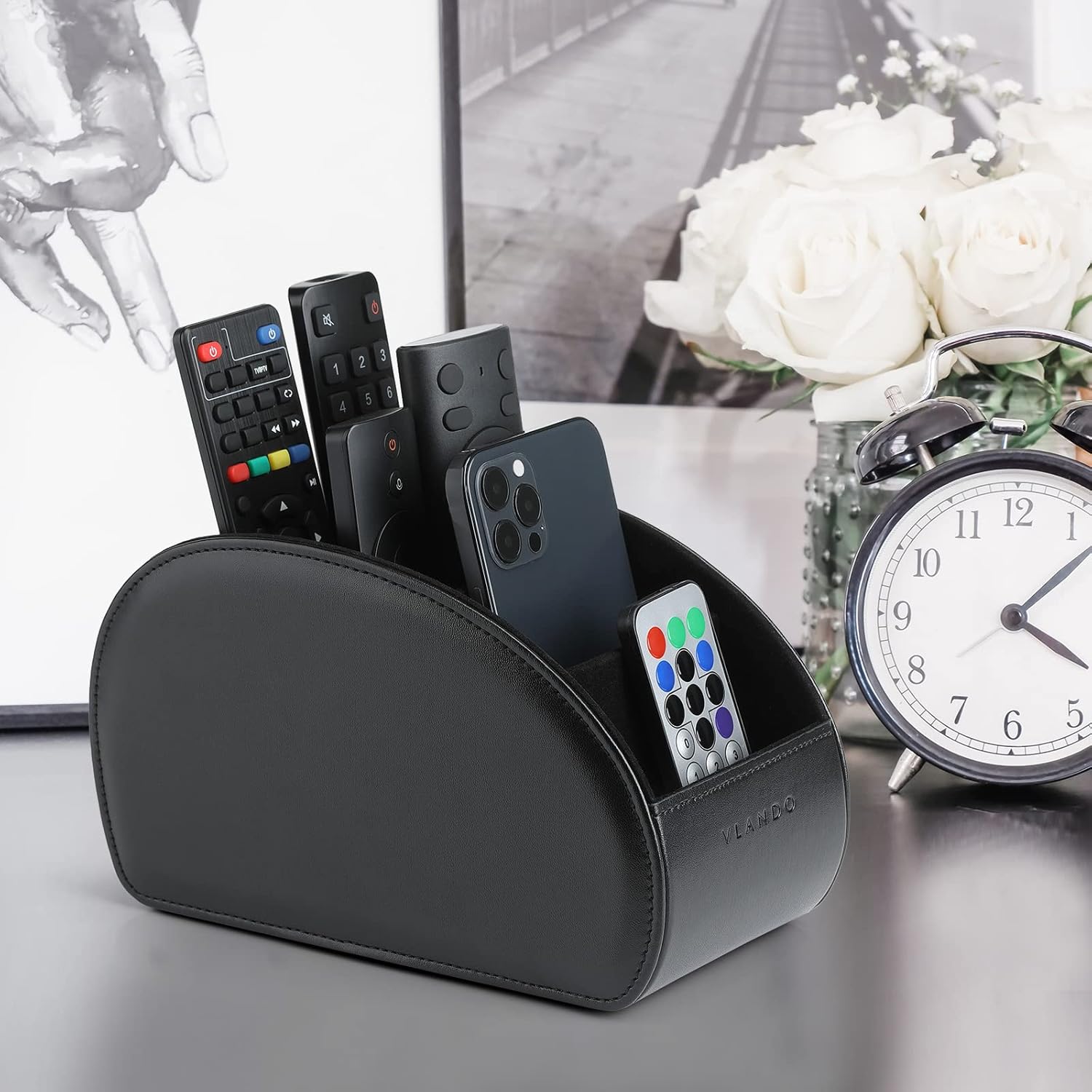 Vlando Leather Remote Control Holder - Large Remote Control Caddy - Desktop Organizer with 5 Compartments Fits TV, DVD, Blu-Ray, Media Player, Heater Controllers, Office and Makeup Supplies (Black) : Electronics
