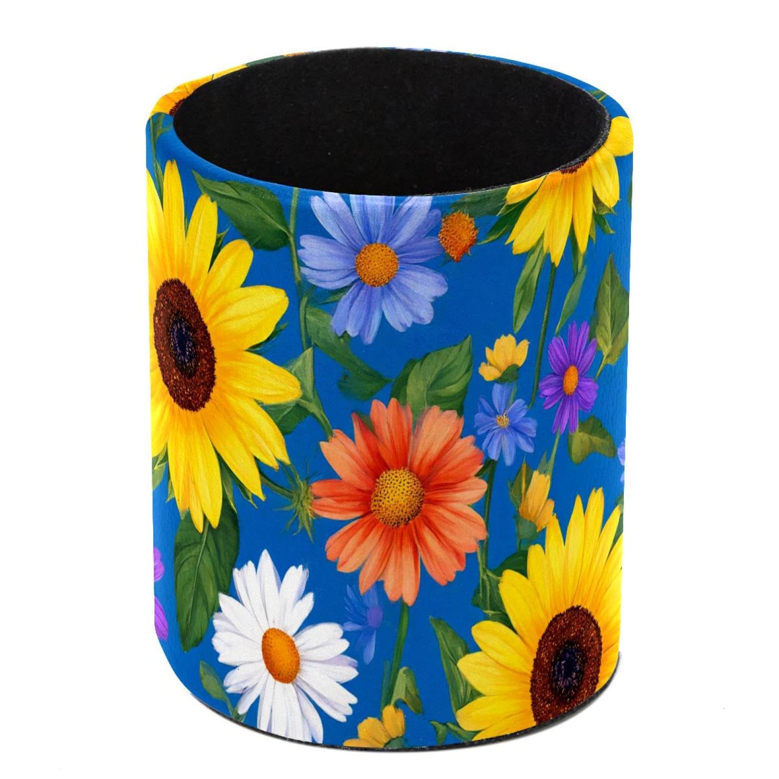 HEOEH Sunflower Pen Holder for Desk, PU Leather Pencil Holder Pen Cup Marker Holder Makeup Brush Holders, Desk Accessories & Workspace Organizers for Home, Office