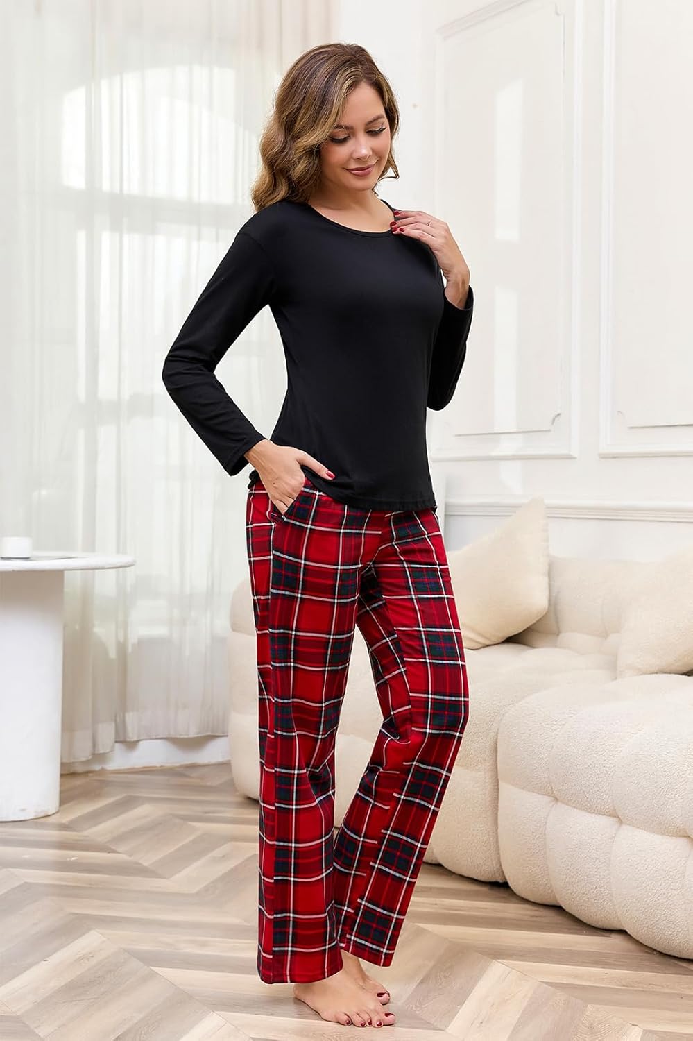 PNAEONG Women's Cotton Long-Sleeve Tops and Full-Length Pajama Set Two-Piece Pjs with Pockets SY008 - Image 3