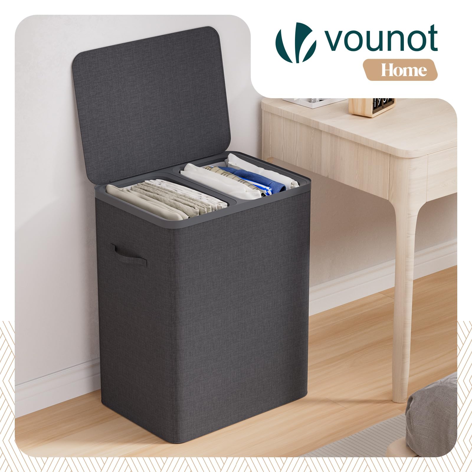 VOUNOT® Cesto Ropa Sucia con Tapa 150L Cesta para la Colada 2 Compartimentos Cubo Ropa Sucia Plegable con Bolsas Interiores Extraíbles y Asas Laundry Basket para Lavandería Dormitorio Baño Antracita