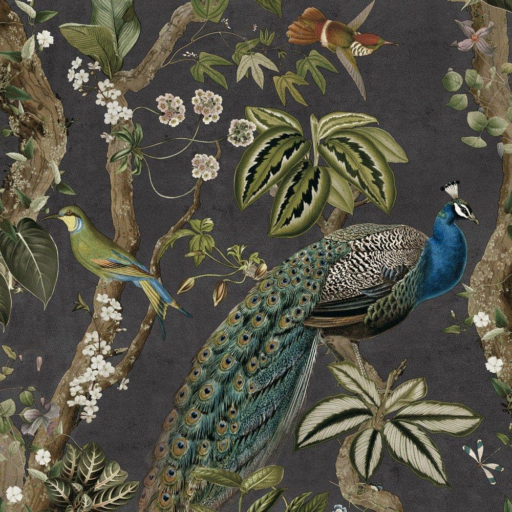 Peacock Woods Charcoal Wallpaper - Modern Naturistic Floral Flowers Birds - Stylish Trendy Feature Wall