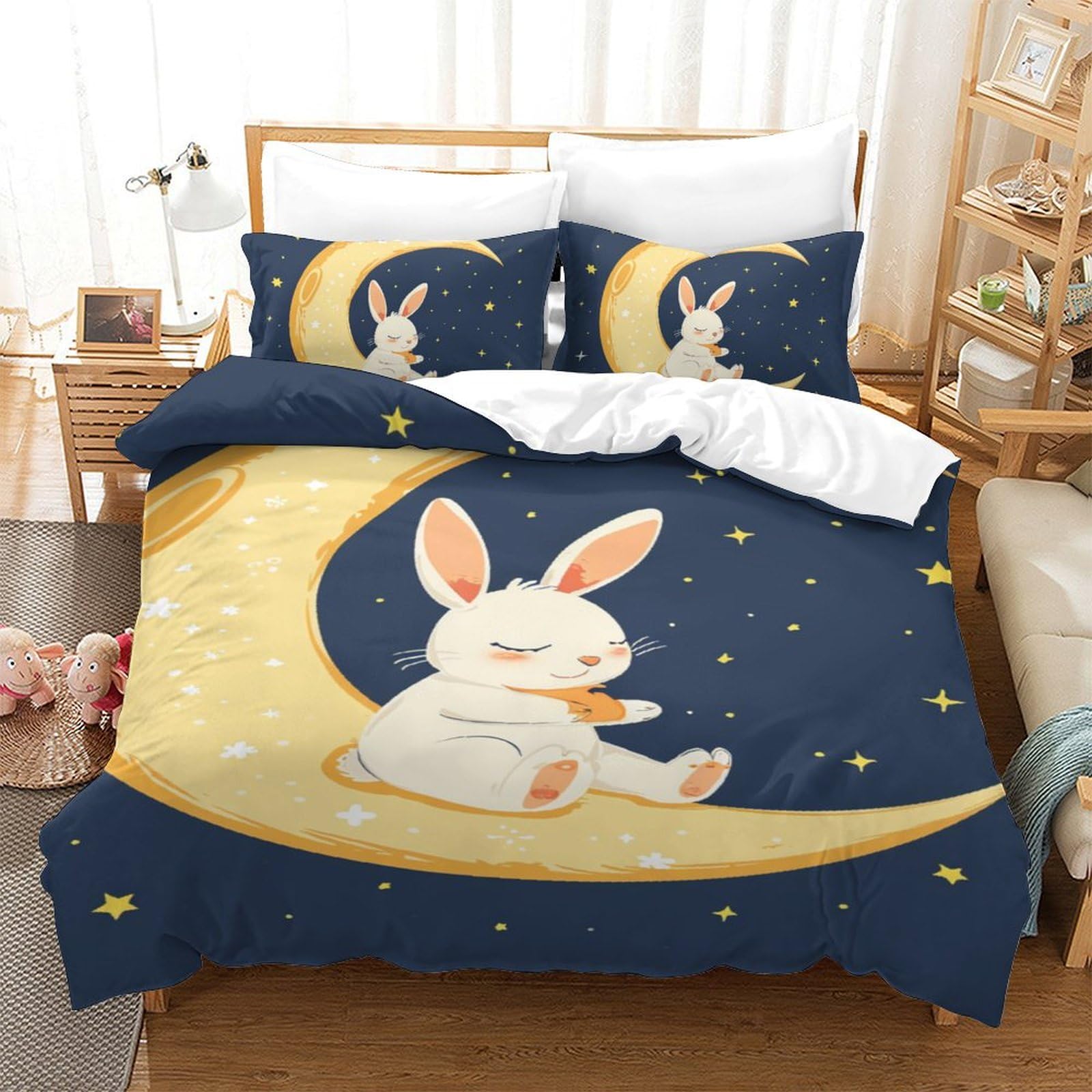 Conejo Respirable Funda Edredon Fundas De Edredón Juego De 3 Piezas con Funda De Almohada Juego De Cama para Niños Y Niñas Single（140x200cm）