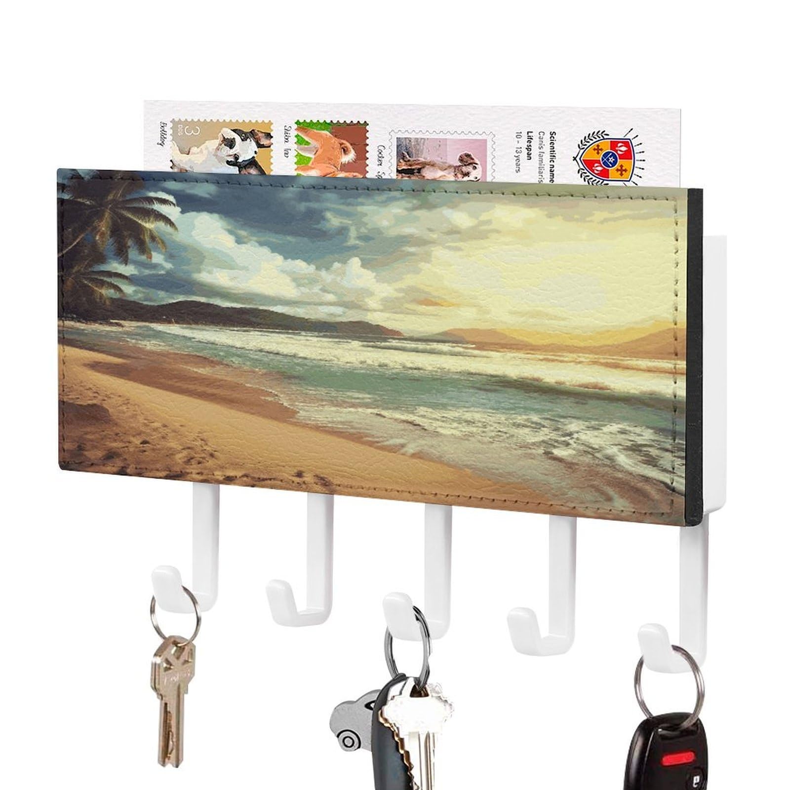 FekiLoot Sunset on The Beach Key Holder for Wall Decorative Mail Organizer with 5 Key Hook Self Adhesive Key Rack with Tray Coat Rack Wall Mount Key Hanger Decor for Entryway Door