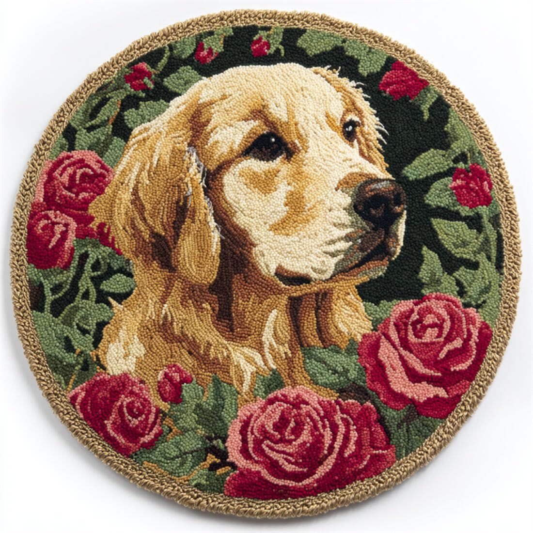 Rqwybcaxn DIY Latch Hook Rug Kit for Beginners Animal Crochet Starter Kit Golden Retriever and Roses 60x60cm Round Tapestry with Crochet Hook Bedroom Craft Gift