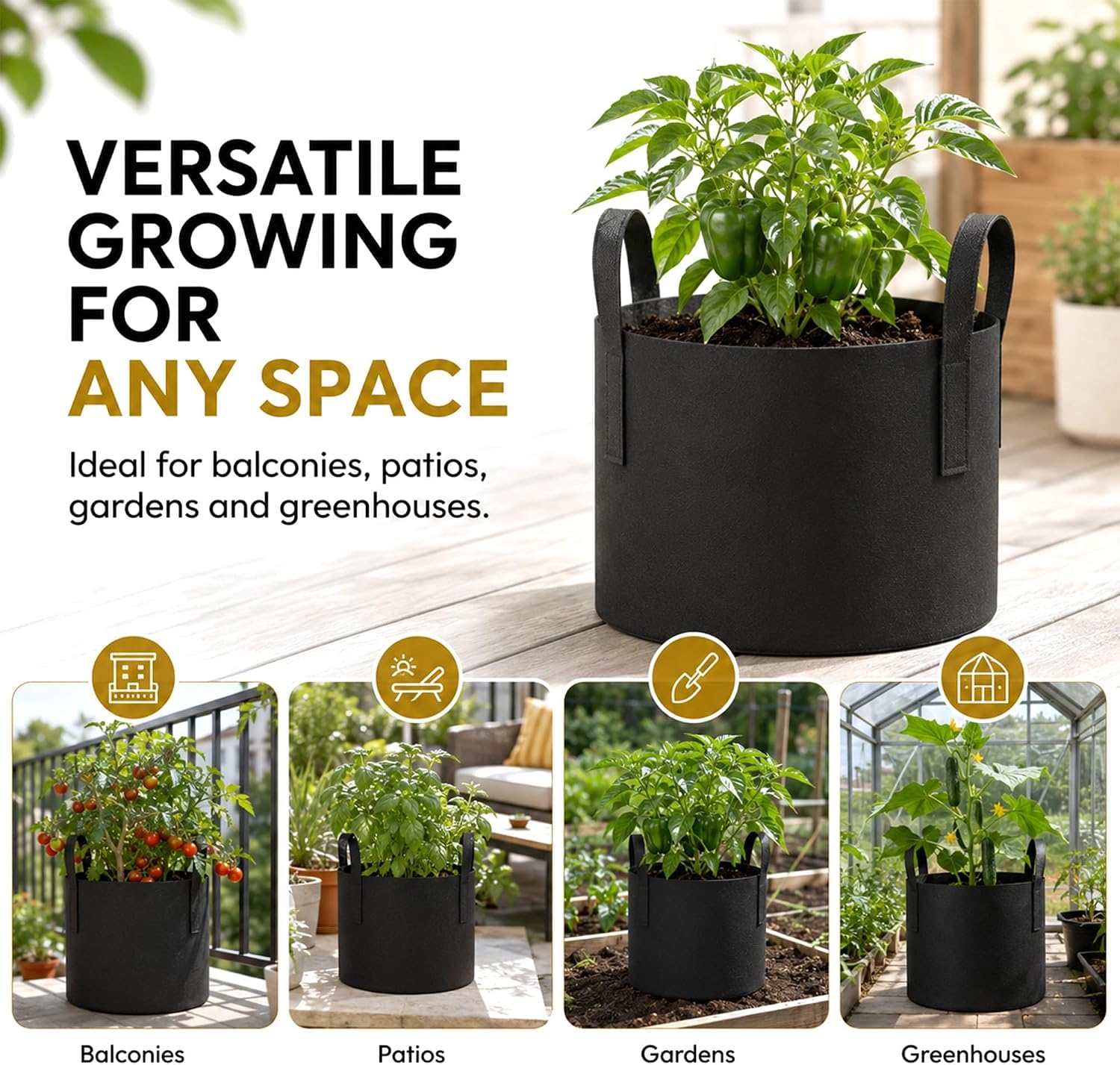 Bronte Heritage Lot de 10 sacs de culture pour légumes en tissu avec poignées, sacs de jardin noirs pour planter des pommes de terre, des tomates, des fraises ou des piments. Conteneurs d'extérieur ou