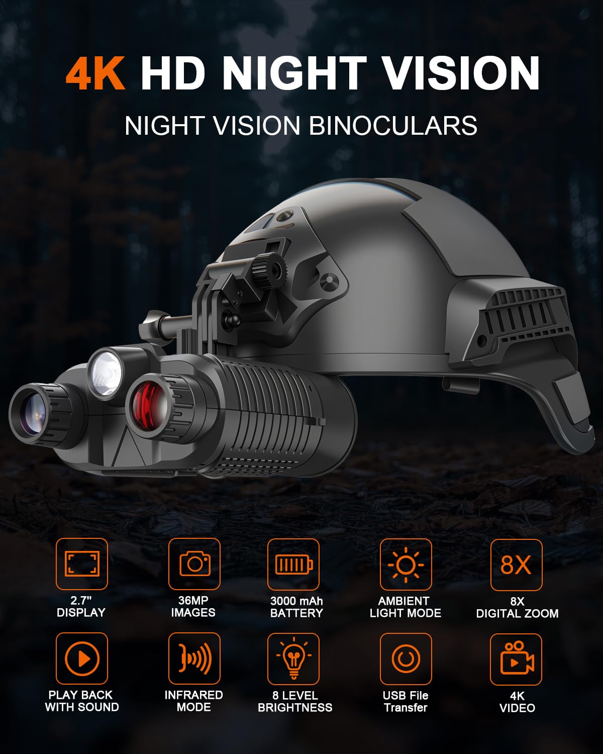 Night Vision Goggles Head Mounted - 4K Night Vision Binoculars 1312ft 8X Digital Zoom, Saves Video and 36M Photos, for Helmets, Long Range IR Night Vision Goggles