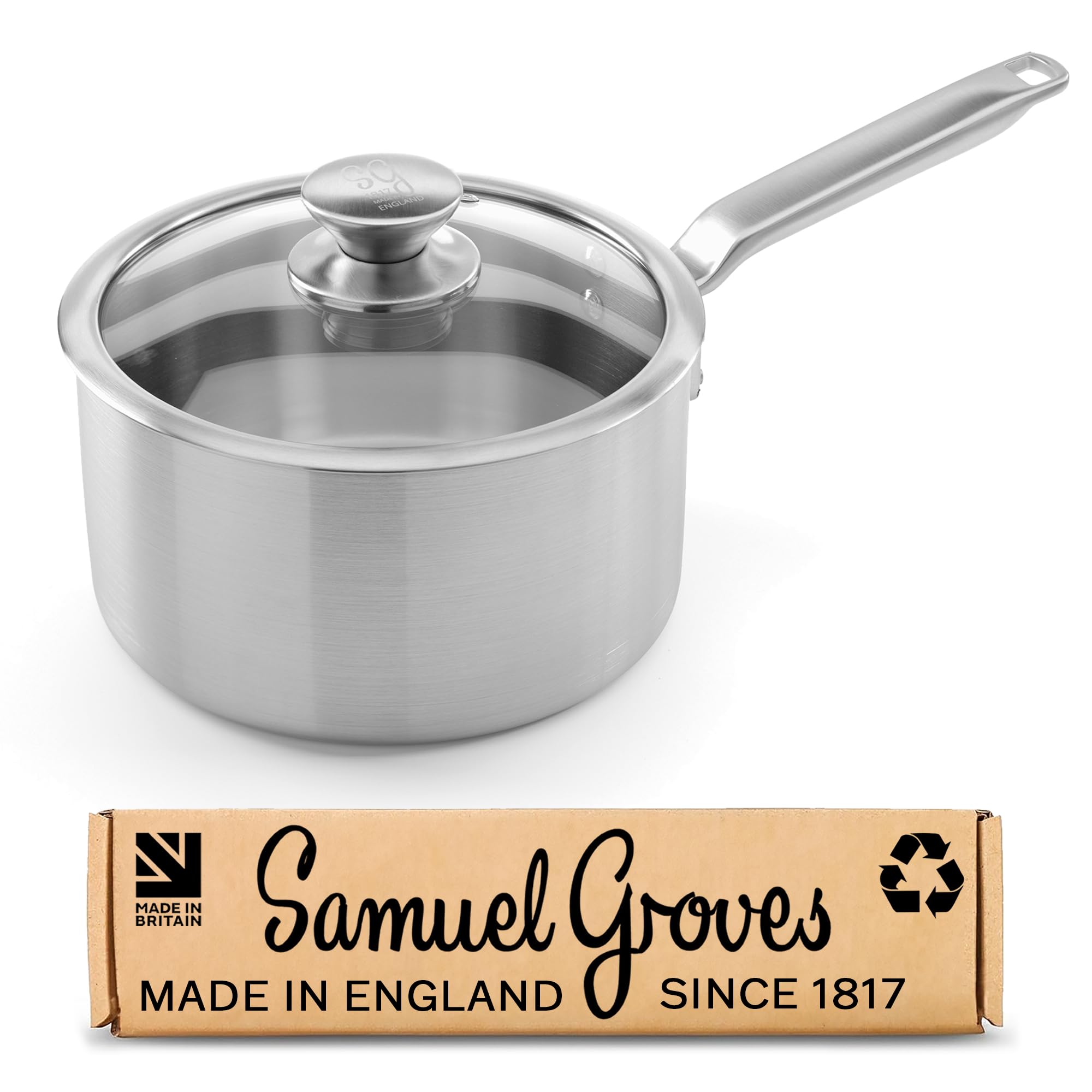 Samuel Groves 20cm Stainless Steel Tri-Ply Saucepan with Lid, Elegance Range UK MADE Large Sauce Pan, PFAS-Free Uncoated Stainless Steel, Induction Compatible Oven Safe, Handmade Professional Cookware