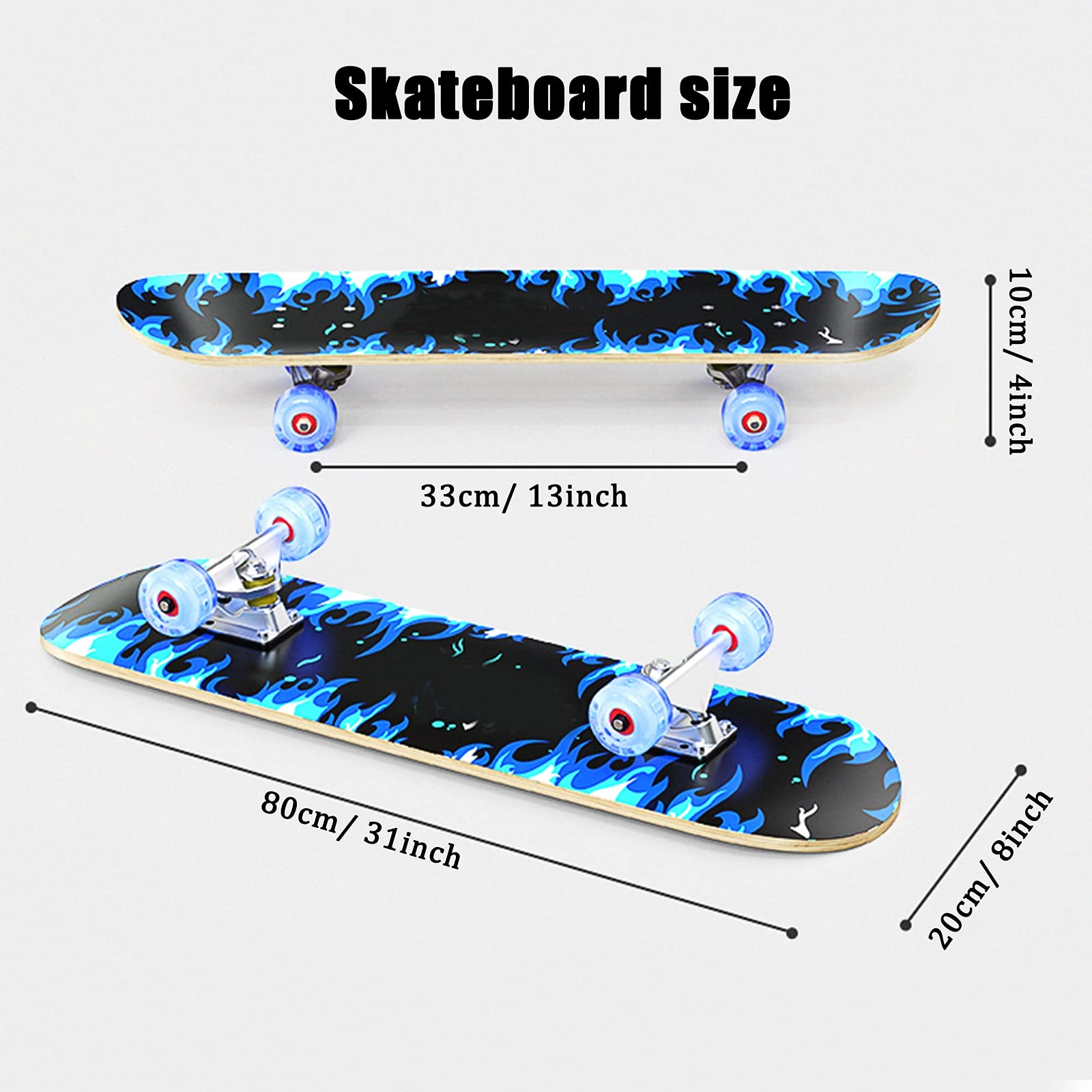 Skateboard Completo de 31 "x 8", Monopatín Estándar de 7 Capas de Madera de Arce Canadiense con Rueda Intermitente de PU para Niños, Adultos, con Mochila y Pigmento, Herramientas de Ajuste