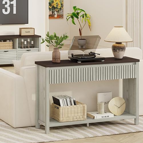 Miniatura 9 de BON AUGURE Mesa de entrada con almacenamiento, mesa consola de 47 pulgadas con 2 cajones, mesas consola de sofá de dos niveles para sala de estar,