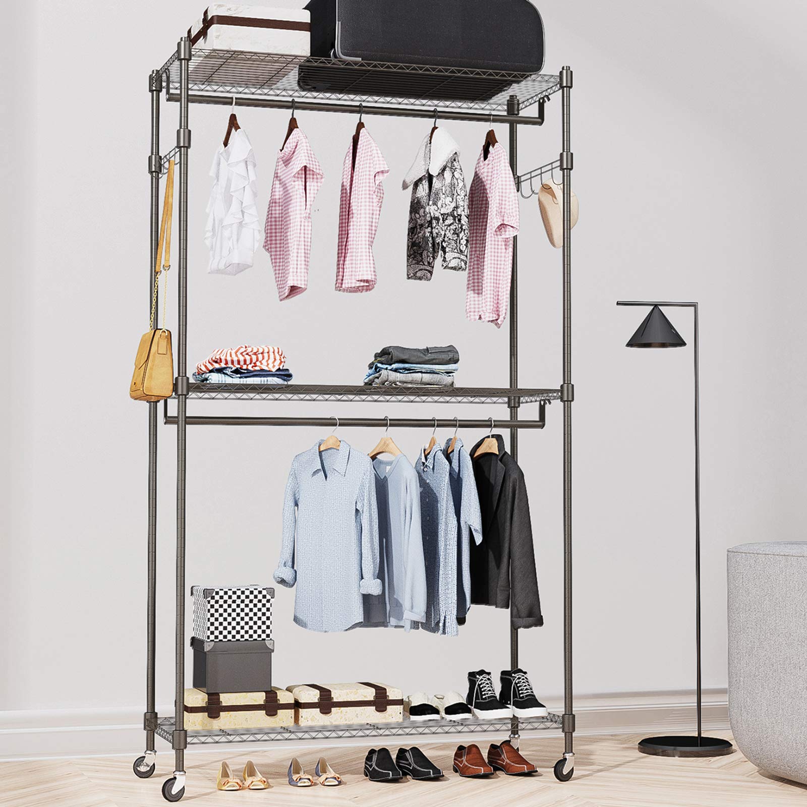 BATHWA 3-Tier Garment Rack Heavy Duty Wire Shelving Rolling Clothes Rack Closet Organizers and Storage with Lockable Wheels (2 Hanging Rods and 2 Side Hooks, Gray)
