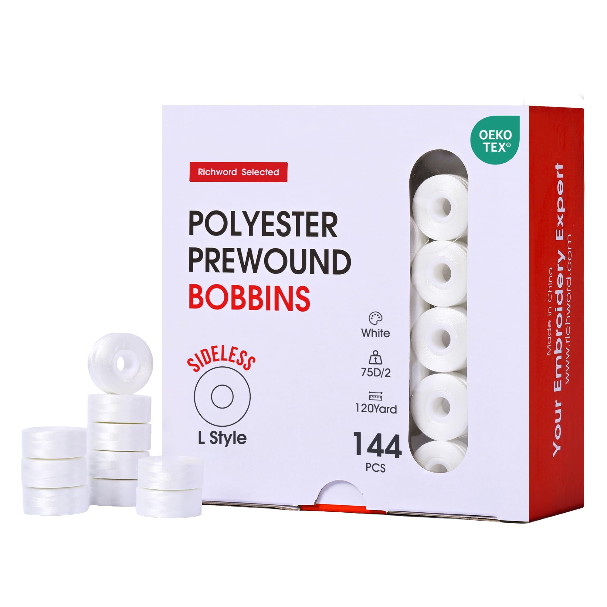 Poolin Prewound Bobbins, Richword Selected White SideLess 144pcs Size L(SA155), 75D/2(60WT) Polyester Bobbin Thread for Commercial Multi Needles Embroidery Machine, 130 Yards