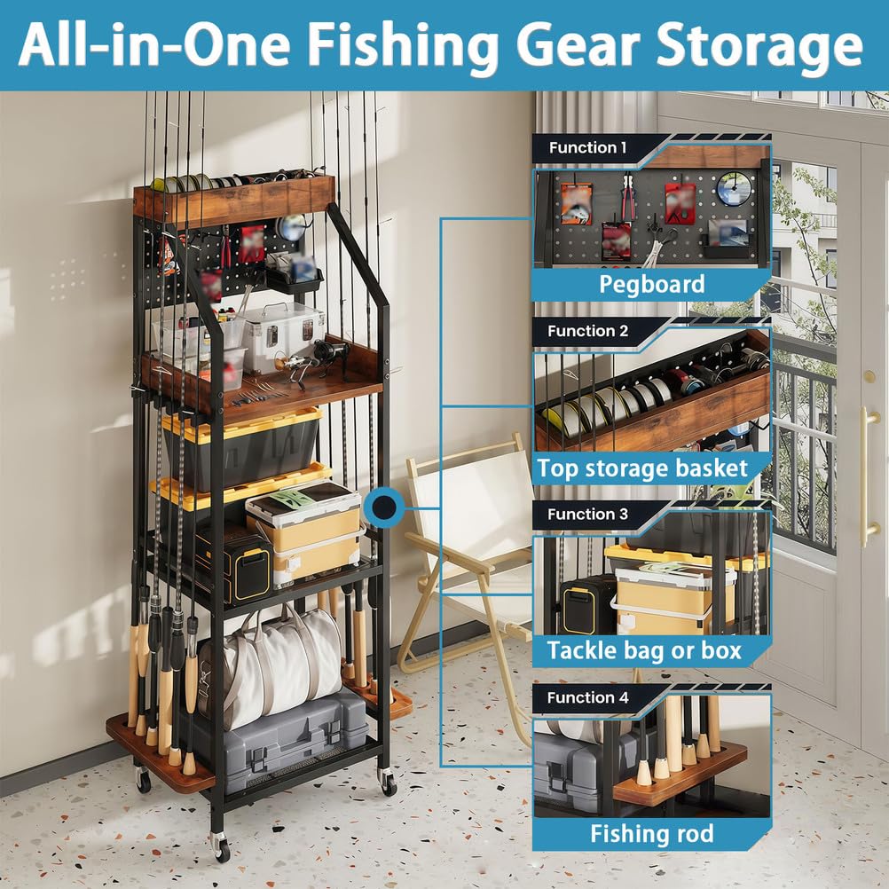Supporto per canna da pesca per garage, scaffale a 3 livelli per 12 canne, organizer per rollare con ganci e pannello forato, scaffale per attrezzatura per pescatori