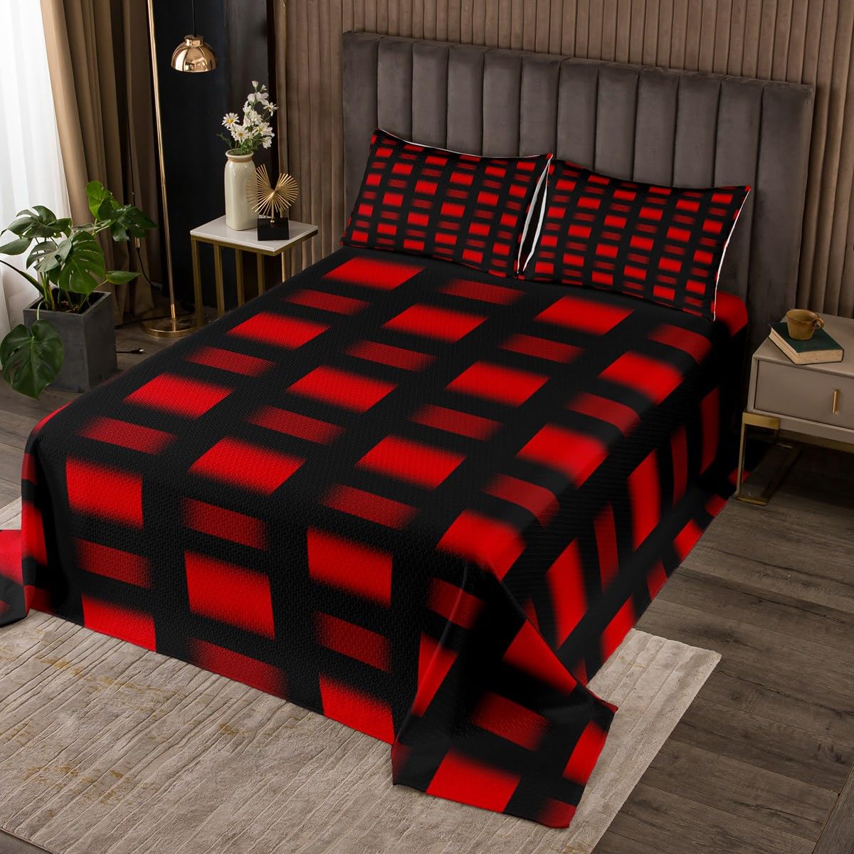 Loussiesd Rot Schwarz Bettüberwurf Buffalo Check Tagesdecke 220x240cm für Jungen Mädchen Kinder Geometrische Steppdecke Geometrie Modern Striped Kunst Wohndecke