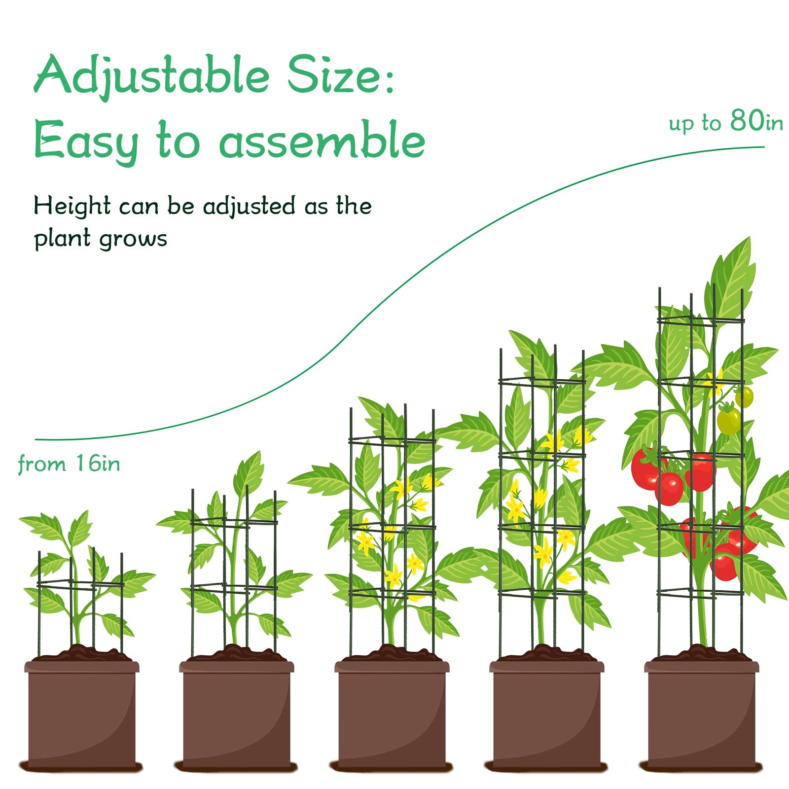 Lot de 4 cages à tomates de 2 m pour jardin - Tuteurs de plantes à tomates - Cage triangulaire robuste avec bras réglables pour légumes et fleurs (vert)
