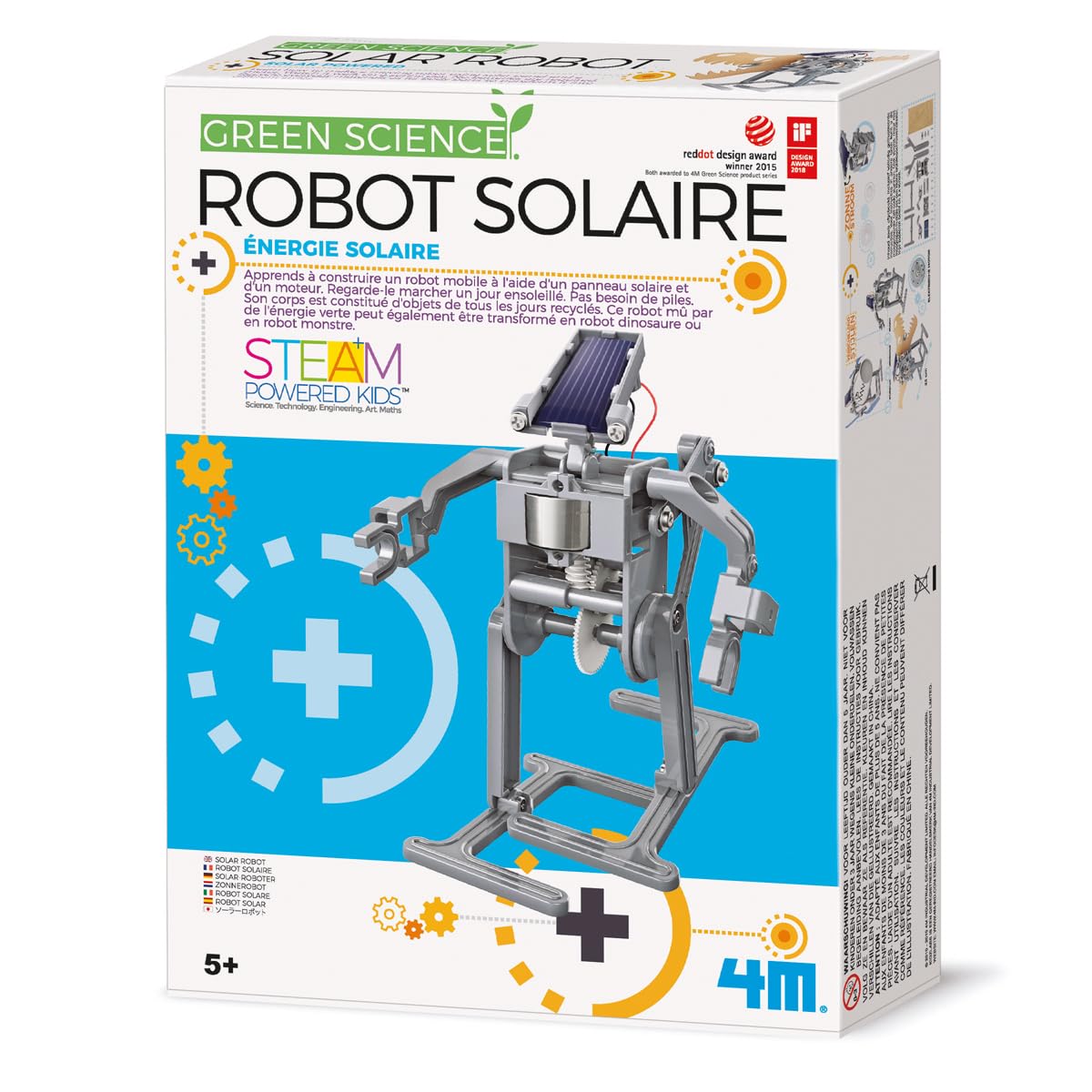 4M Kidzlabs GREEN SCIENCE: ROBOT SOLAIRE / EMBALLAGE F R A N C A I S, H14cm, à l'aide des panneaux solaires et un moteur le robot peut se déplacer, instructions détaillées incluses, boîte 24x22x6cm, 5+