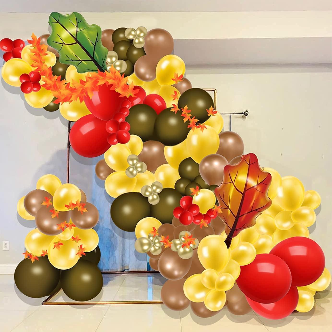Bonropin 171個 秋用バルーン ガーランド アーチキット ゴールドクラレット 2層メープルリーフバルーン 人工カエデの葉