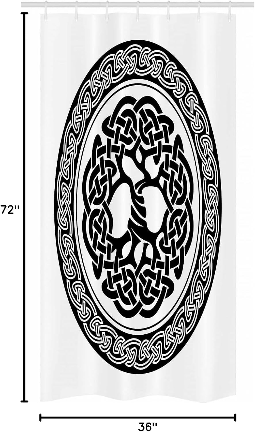 Ambesonne Celtic Stall Shower Curtain, Native Celtic Tree of Life Ireland Early Renaissance Modern Design, Fabric Bathroom Decor Set with Hooks, 36" W x 72" L, White Black