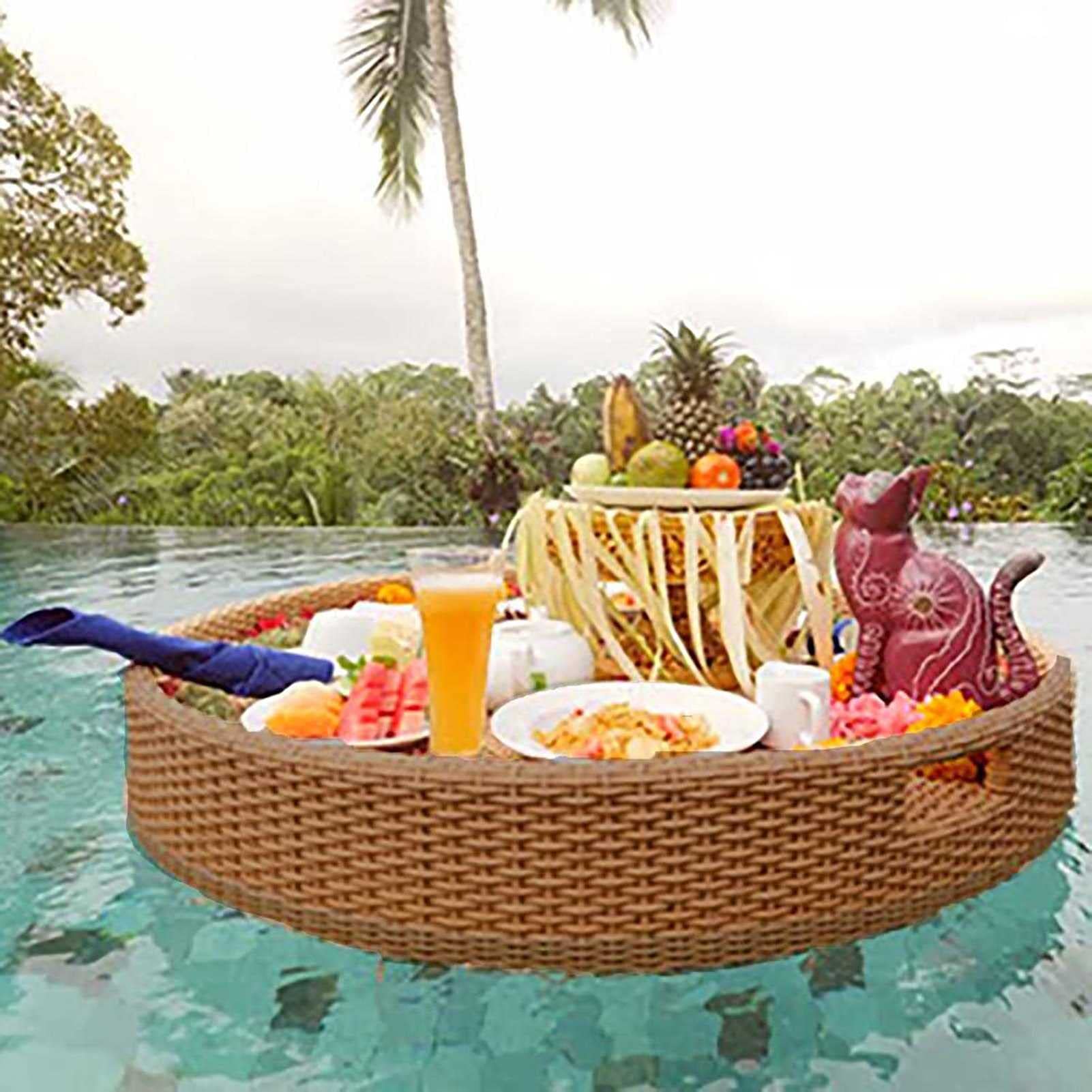SDdPulse Vassoio da portata in rattan intrecciato, vassoio da portata galleggiante con manici, vassoio da portata galleggiante per bar, piscina, per servire bevande, brunch, cibo, giallo, 60 cm
