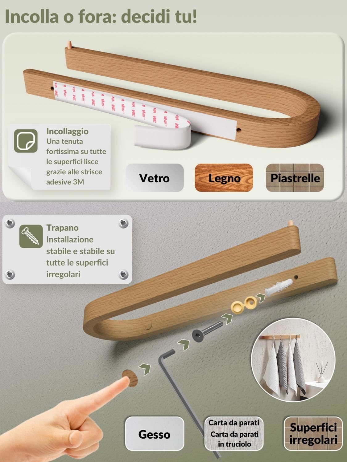 DEKAZIA® Portasciugamani Legno da Parete | Senza Forare | Porta Asciugamani in Quercia Sostenibile | Barra da Forare o Incollare | Portasciugamani Quercia | Portarotolo Cucina
