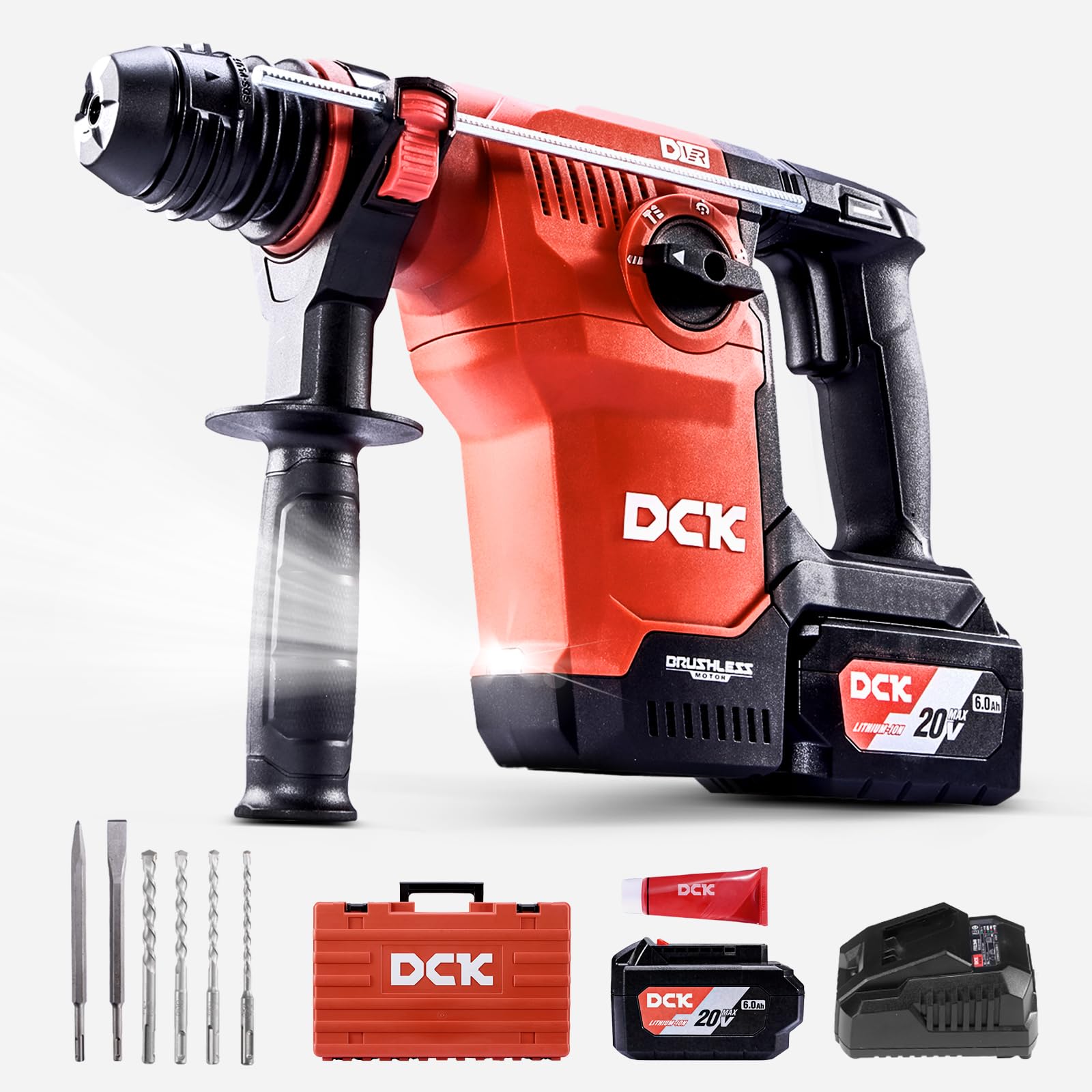 DCK 20V Cordless Battery Powered Rotary Hammer, Brushless SDS Plus Hammer Drill with 3.6J Impact Energy, 6.0Ah Battery, 4 Drill Bits, 2 Chisels for Concrete, Tile, Wood and Metal