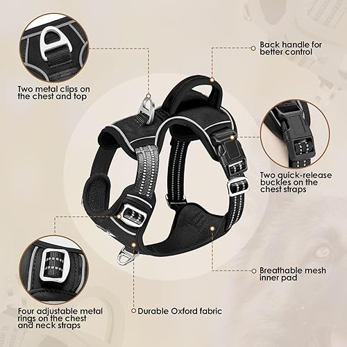 Miniatura 7 de SlowTon Arnés para perro sin tirones, arnés resistente sin estrangulamiento para mascotas, con 2 clips para la correa y mango vertical de fácil