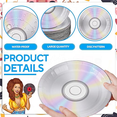 Miniatura 4 de Paquete de 100 platos de papel de CD  Platos decorativos desechables de 7 y 9 pulgadas para decoraciones de fiesta de los años 90 y suministros de