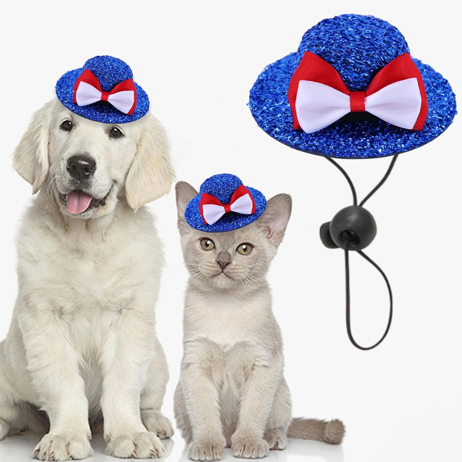4th of July Red White Bowknot Blue Glitter Pet Hat Independence Day Dog Hat Adjustable Rope Buckle Cat Cap Patriotic Pet Accessories for Most Pets Patriotic Memorial Day