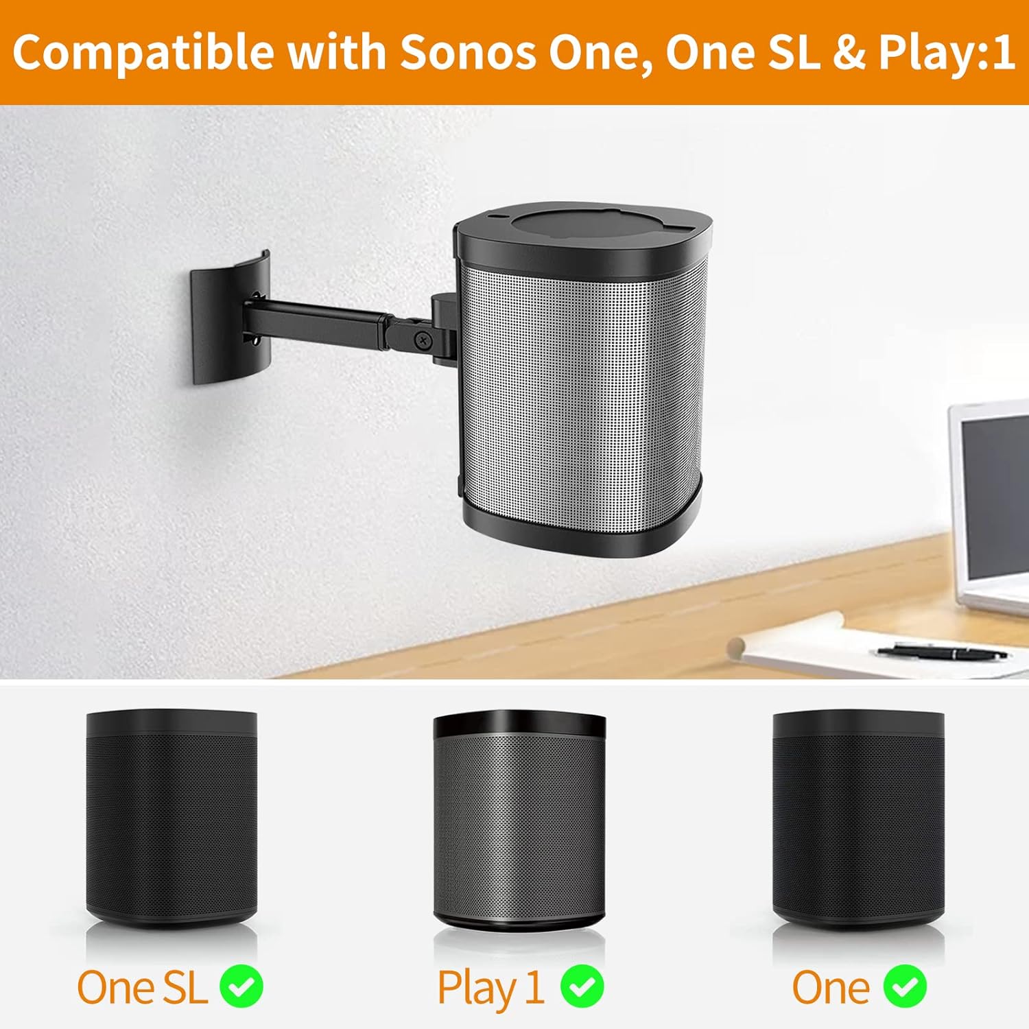Ceiling Mount and Wall Mount Bracket for Sonos One, One SL, Play 1 Speaker Tilt & Swivel Adjustment Compatible with One SL, One, Play:1 Mounting Brackets, Black - Image 2