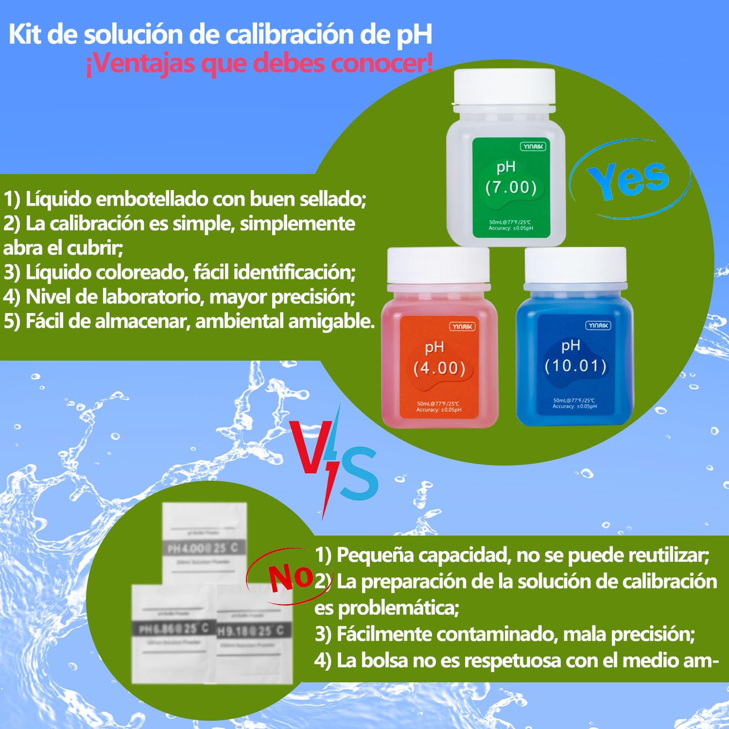 YINMIK Kit de solución de calibración de medidor de pH (4.00, 7.00 y 10.01) con kit de solución protectora de pH. 3 * solución tampón de calibración de pH de 50 ml y 2 * solución de pH KCL de 10 ml